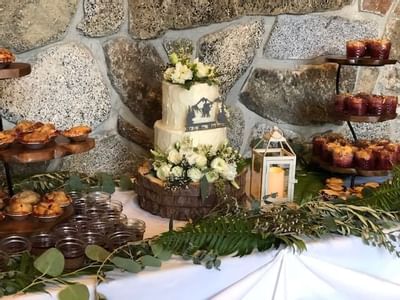 Closeup wedding cake with dessert arranged at Sleeping Lady