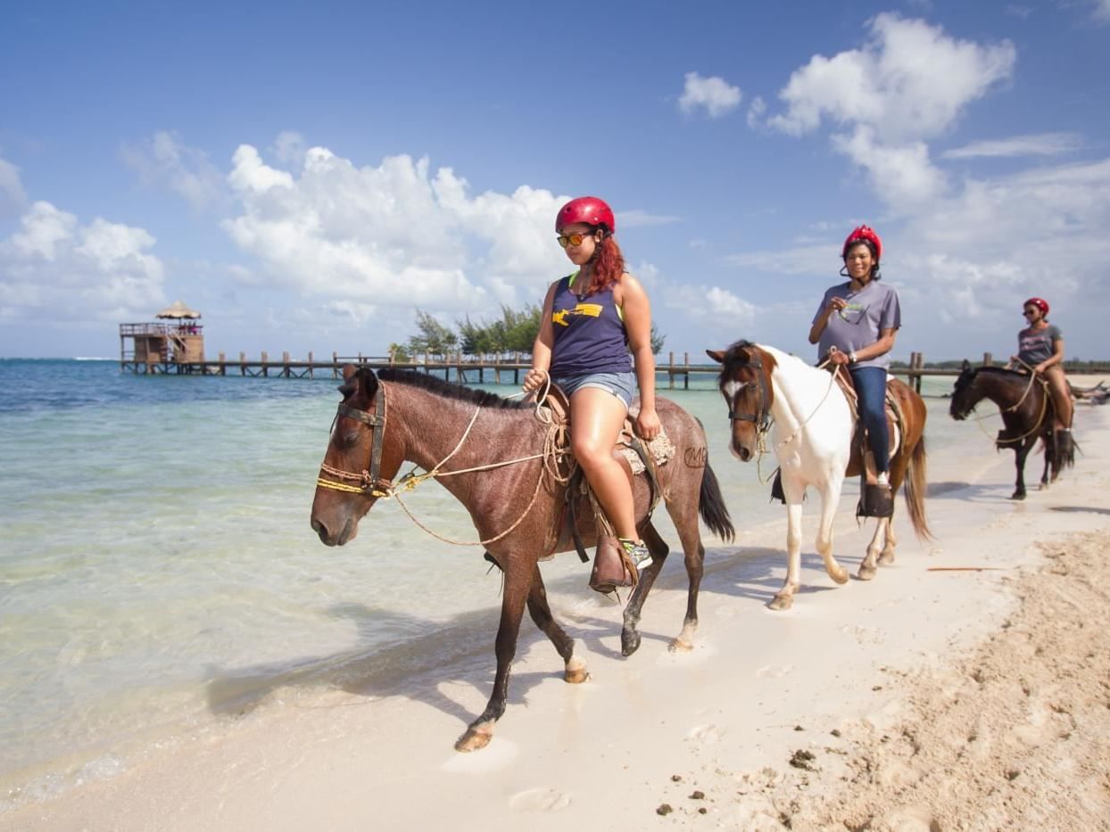 A group riding horses by the beach line near Infinity Bay