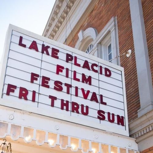 Close-up of Lake Placid theater name board at The Lake House