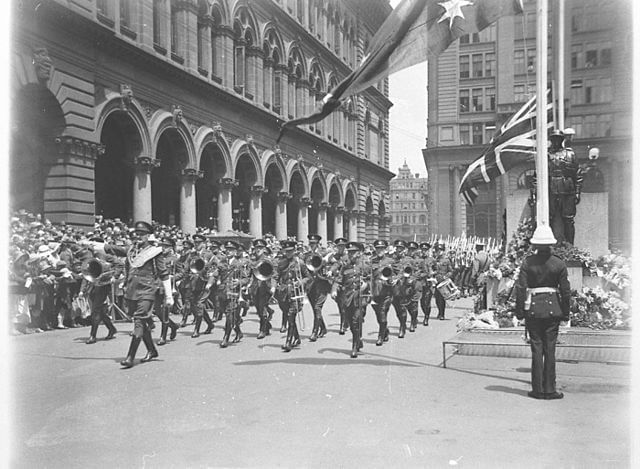 Vintage portrait of Queen Street Brisbane Soldiers near The Fullerton Hotel Sydney