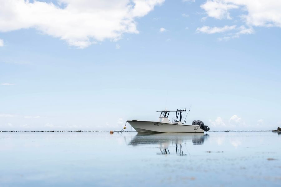 White motorboat by a calm sea under a bright blue sky near the horizon near Warwick Fiji Resort and Spa