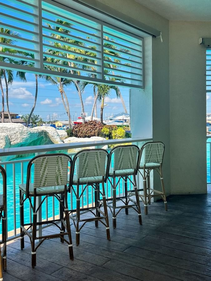 Woven bar stools by a white counter under louvers in Chickcharnie's Pizzeria & Grille at Warwick Paradise Island Bahamas
