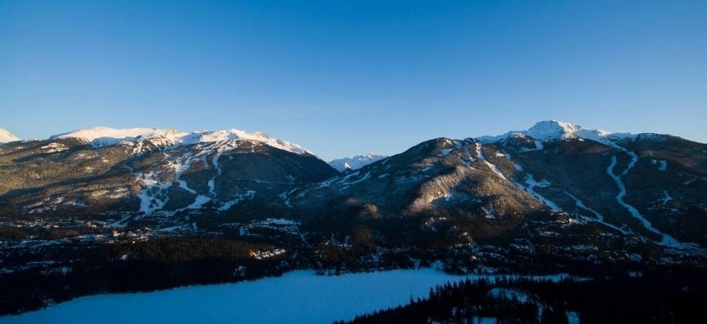 Snow-covered Whistler mountains and valley