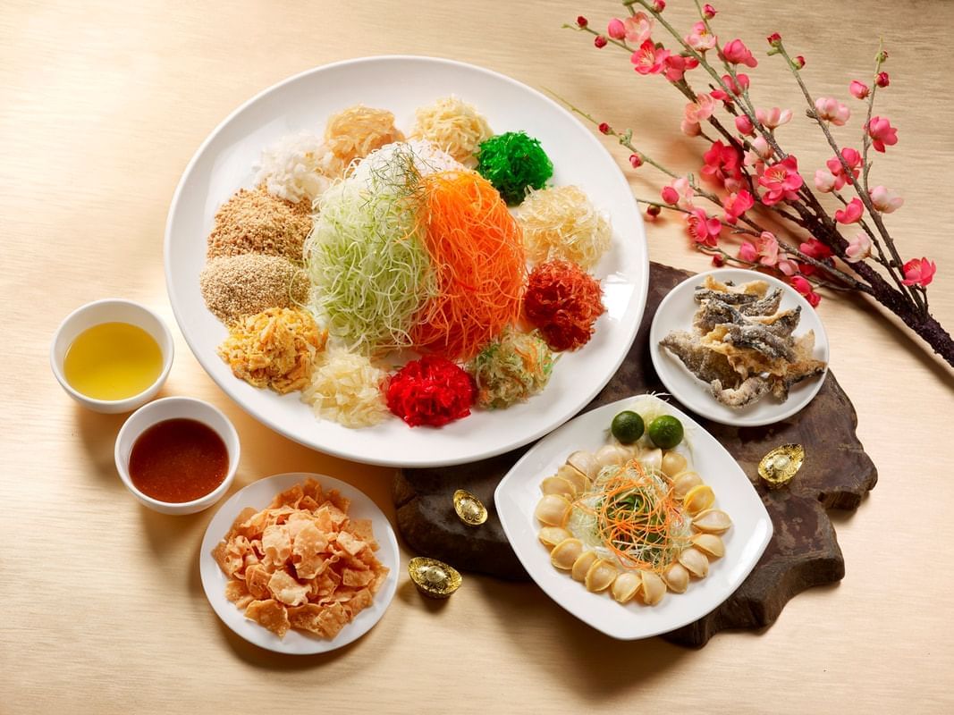 Close-up of Yusheng dish served at York Hotel Singapore