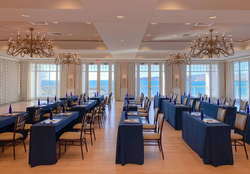 Tables, chairs with chandeliers at Beauport Hotel Gloucester