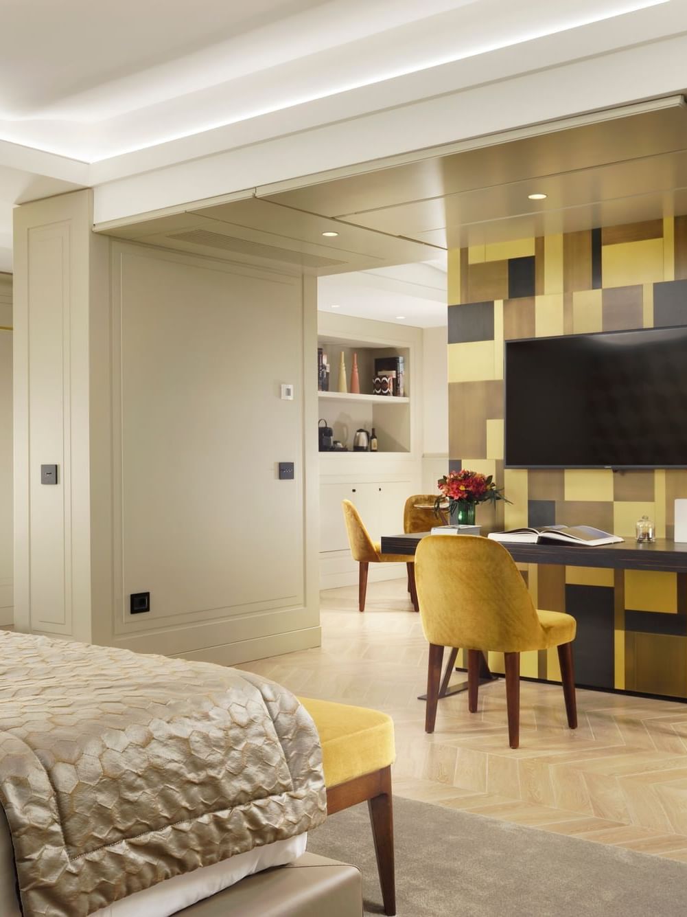 Cozy bed and work desk applied with TV in Margutta Suite at Margutta 54