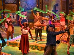 Family friendly theatrical performance of Shrek at Orlando Family Stage.
