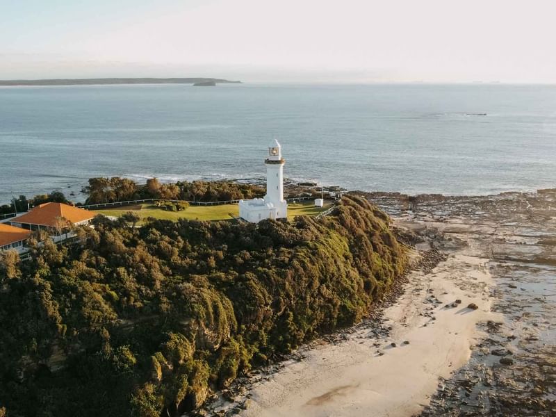 Aerial view of Norah Head Lighthouse near Pullman Magenta Shores