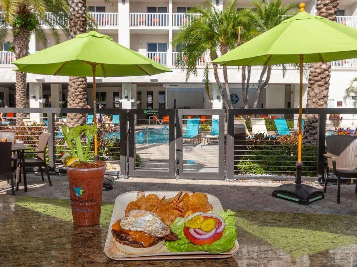 Burger at Tiki Beach Grill in Shephard's Beach Resort 