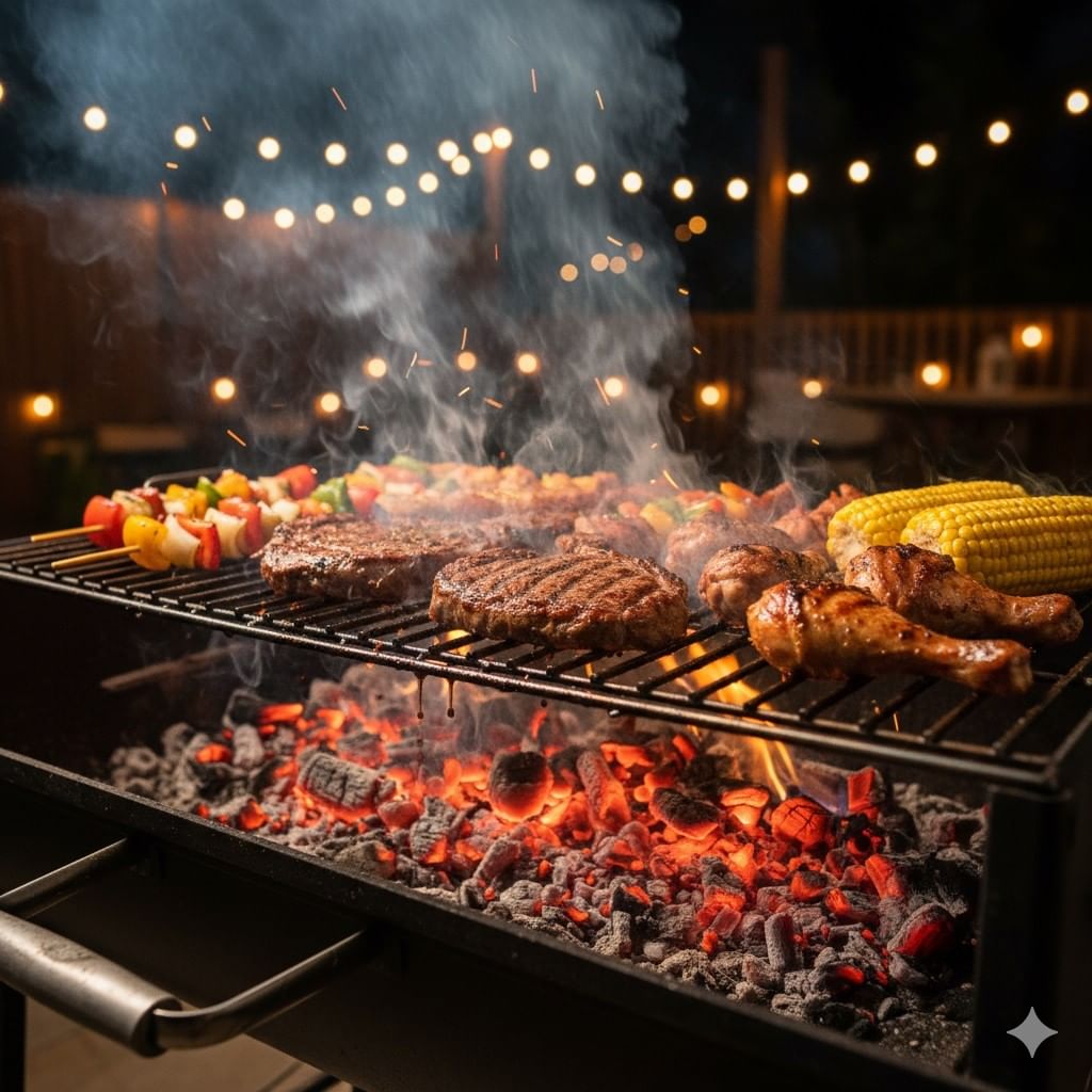 BBQ cooking over open flame