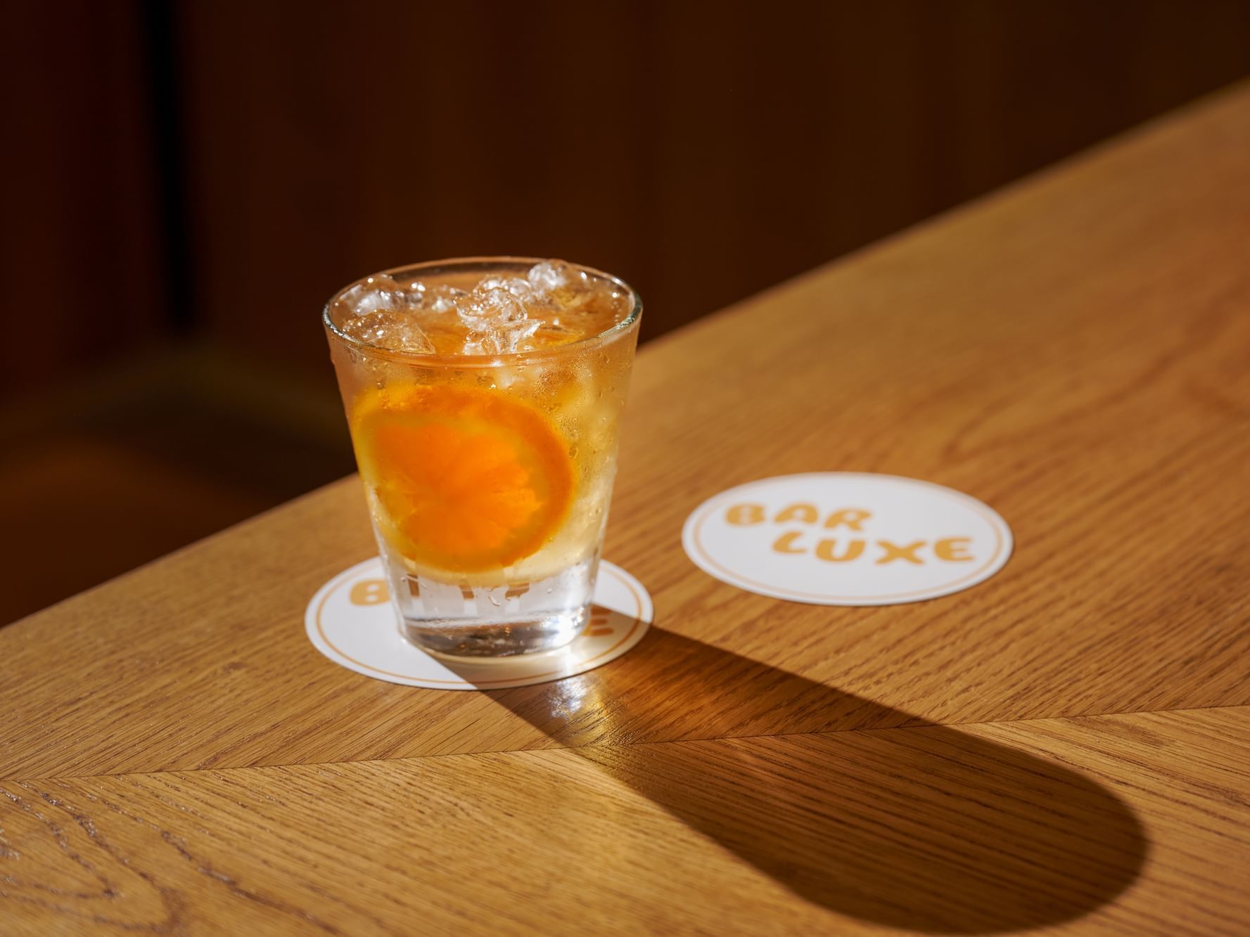 Close-up of Old Fashioned served in Bar Luxe at Luxe Sunset Boulevard Hotel
