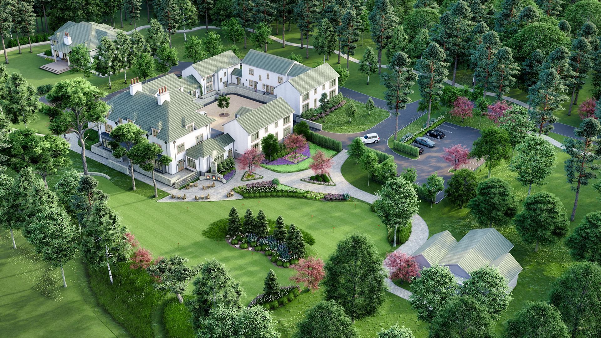Aerial view of Dunluce Lodge surrounded by greenery, perfect for hotels in Portrush