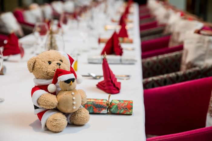 Close-up of a teddy table ornament at Fullerton Sydney