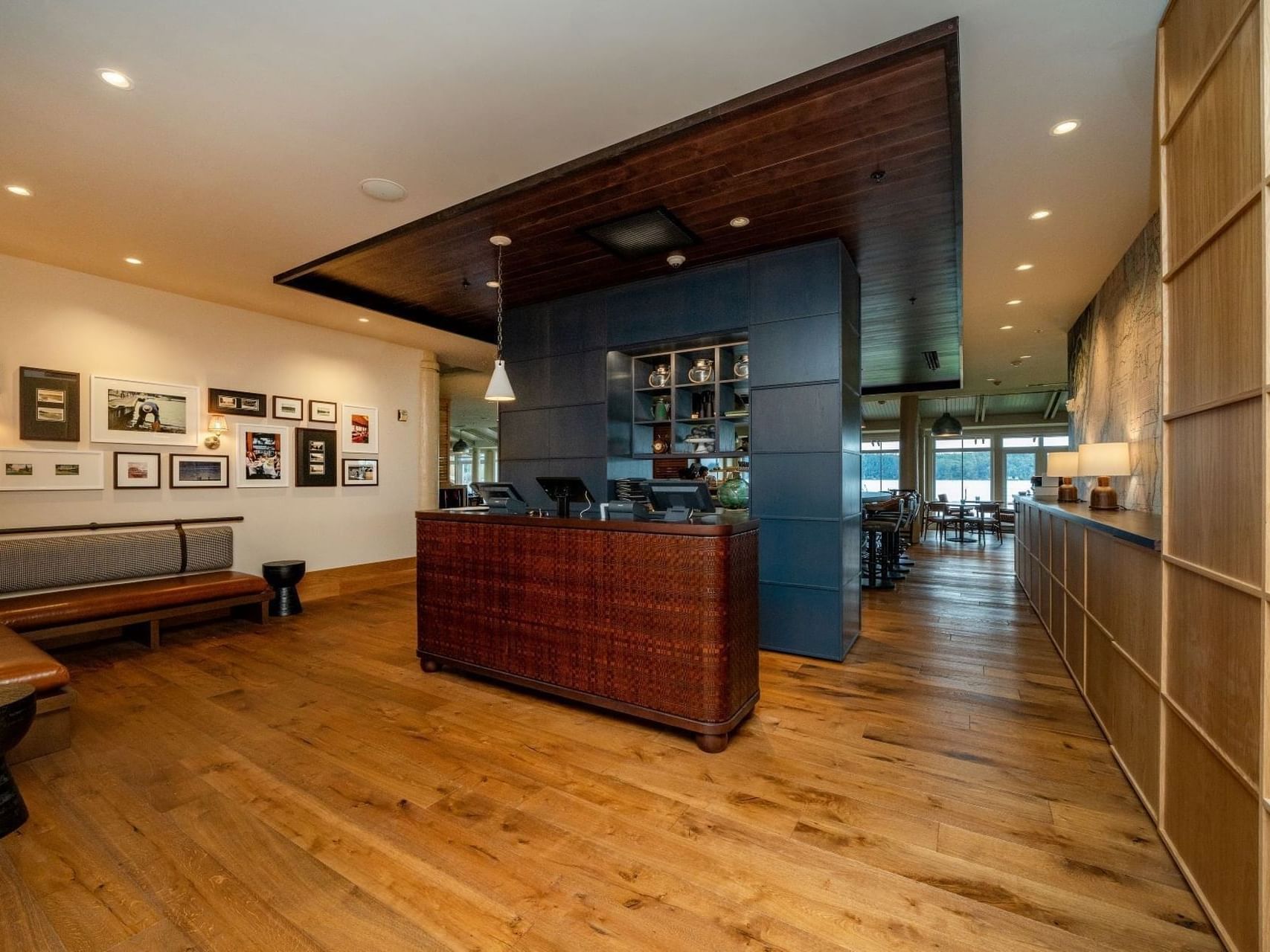 Lobby lounge area of The Restaurant with wooden floors at Alderbrook Resort & Spa