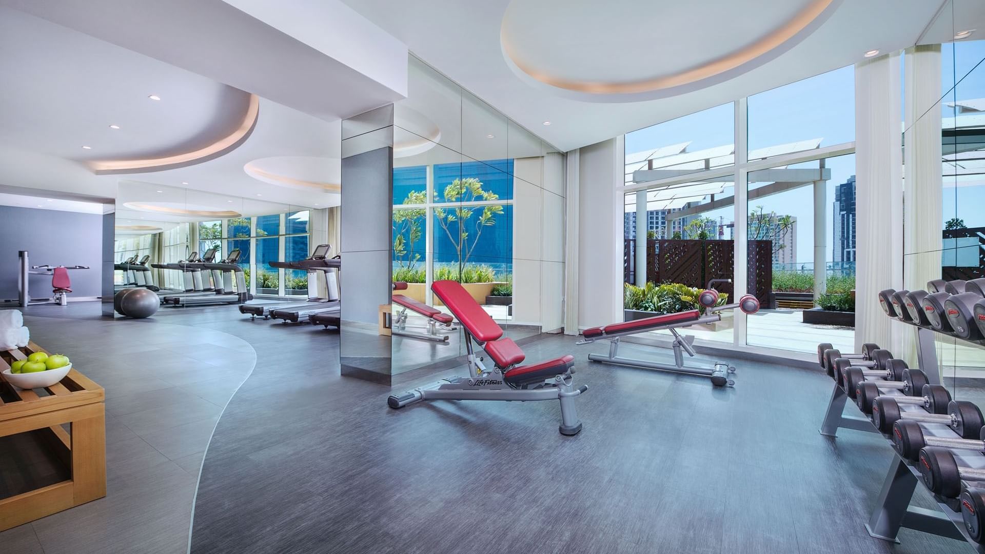 A well-lit gym room with various exercise equipment by the large windows in The Distinction Gym at DAMAC Maison Distinction