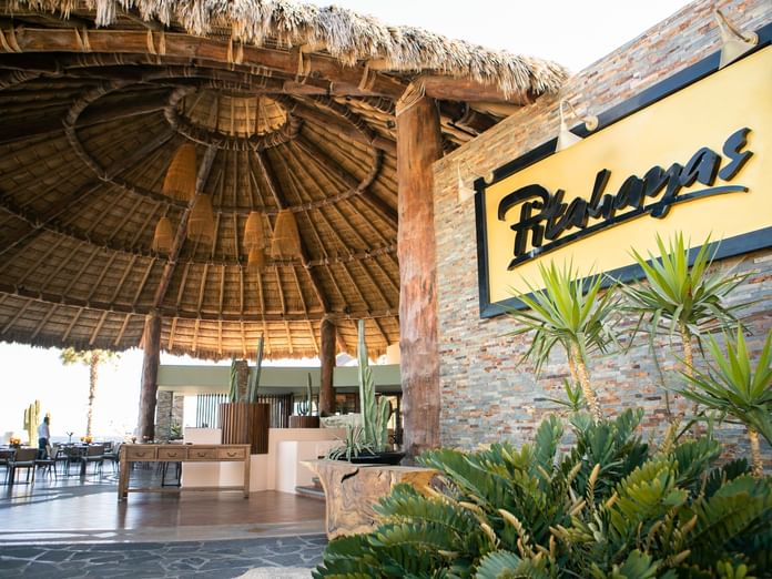 The welcoming entrance of Pitahayas restaurant at Hacienda del Mar Los Cabos, with a large palapa roof.