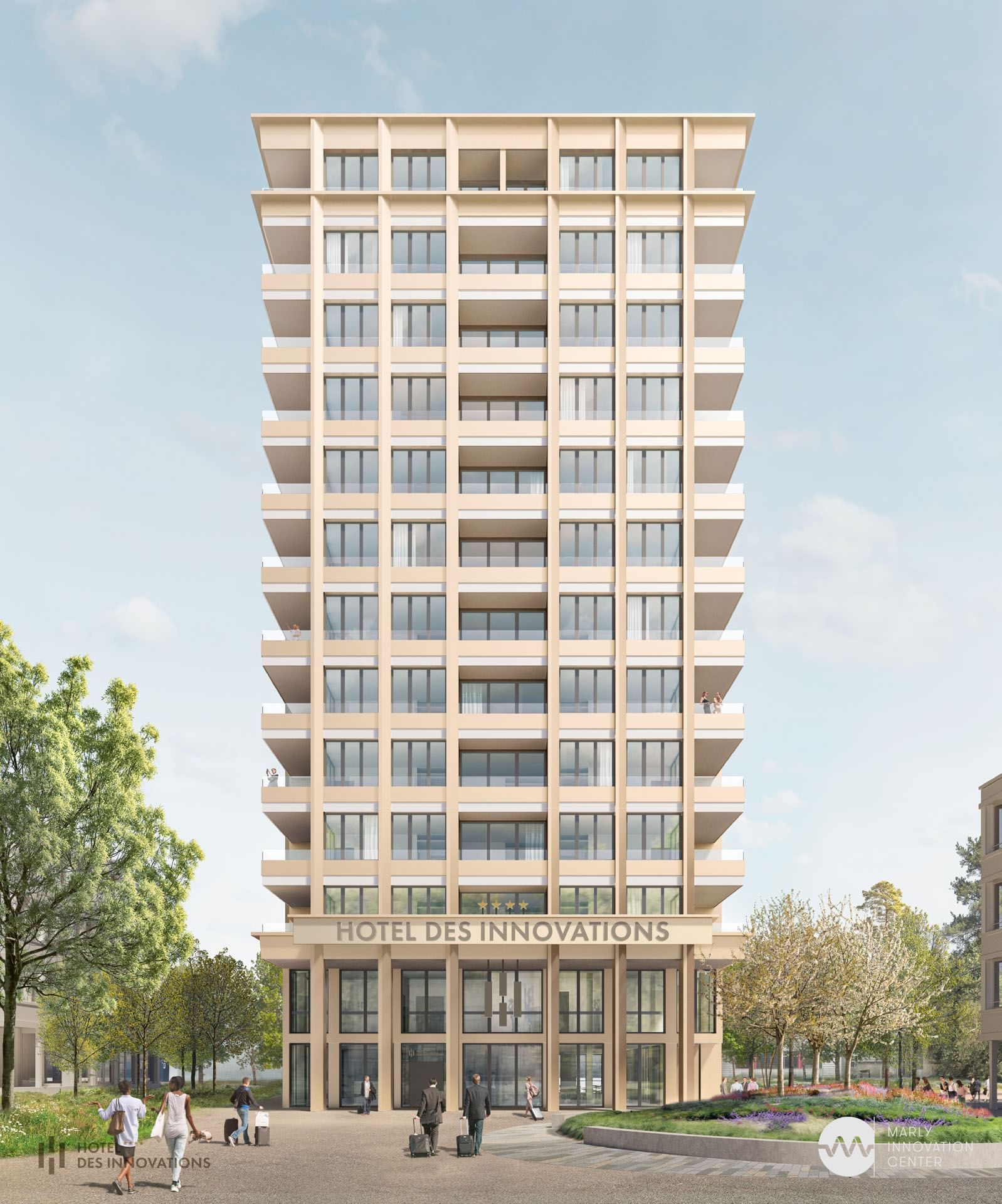 Concept design of exterior view Hotel des Innovations surrounded by landscaped gardens and guests arriving