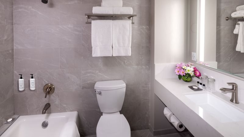 Modern bathroom with toilet, sink, mirror, and bathtub at Warwick Hotels and Resorts