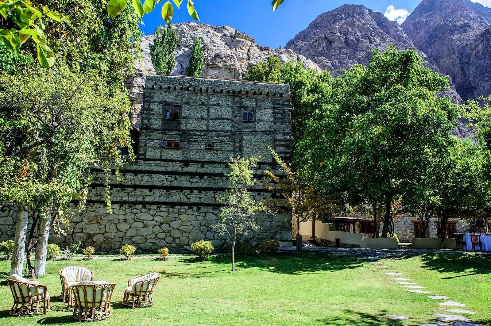 A Lounge area in the hotel garden at Shigar Fort Residence