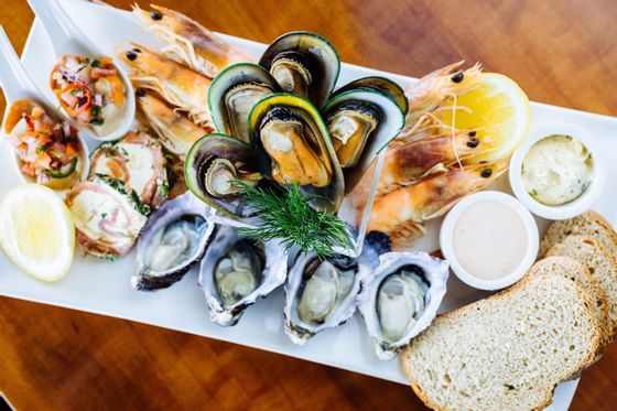 Closeup of a seafood platter served at Strahan Village Hotel