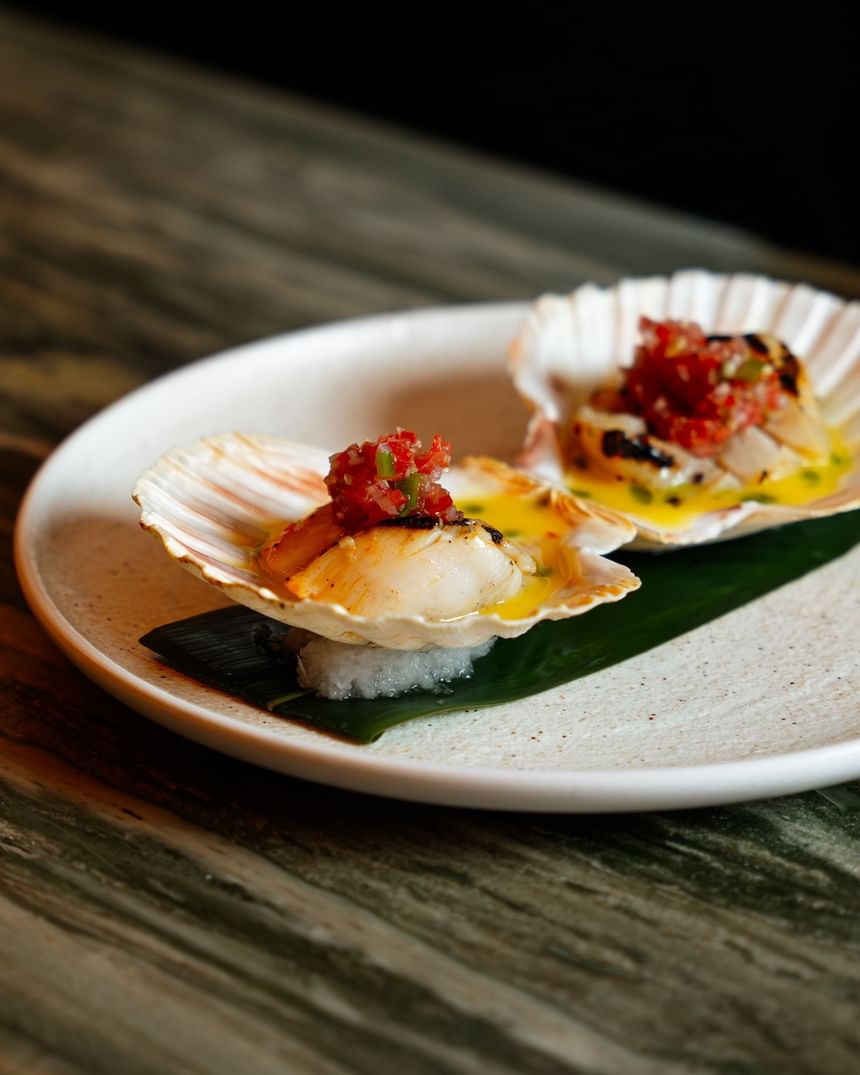 Two beautifully presented scallops in shells on a green leaf on a textured plate at The Kitchens