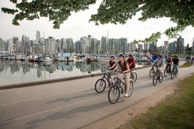 People riding bikes next to marina