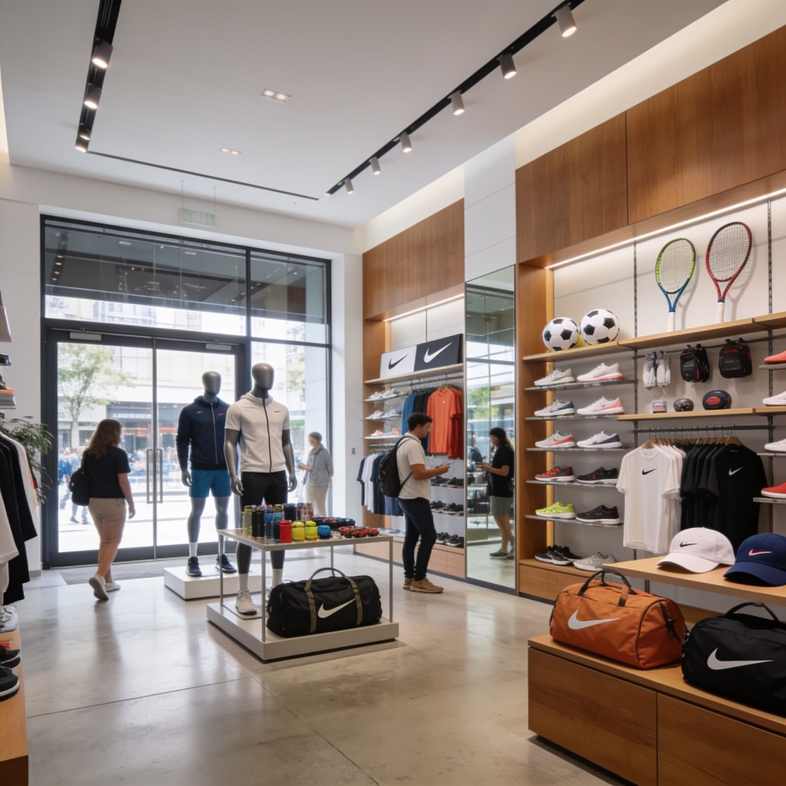 Shoppers browsing racquets, footwear, and sportswear inside a bright retail store