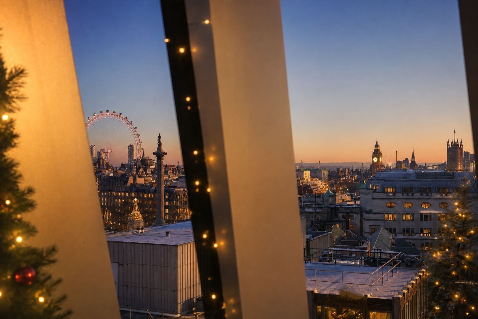 Twilight view of London skyline featuring the London Eye and Big Ben framed by illuminated columns at 8 at The Londoner