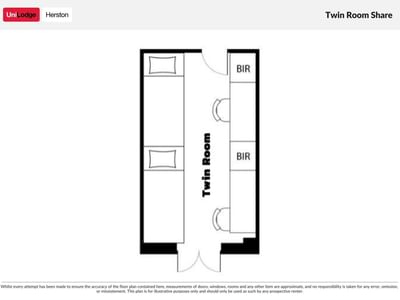 Floor plan of a twin room share with two single beds and built-in robes at UniLodge Herston