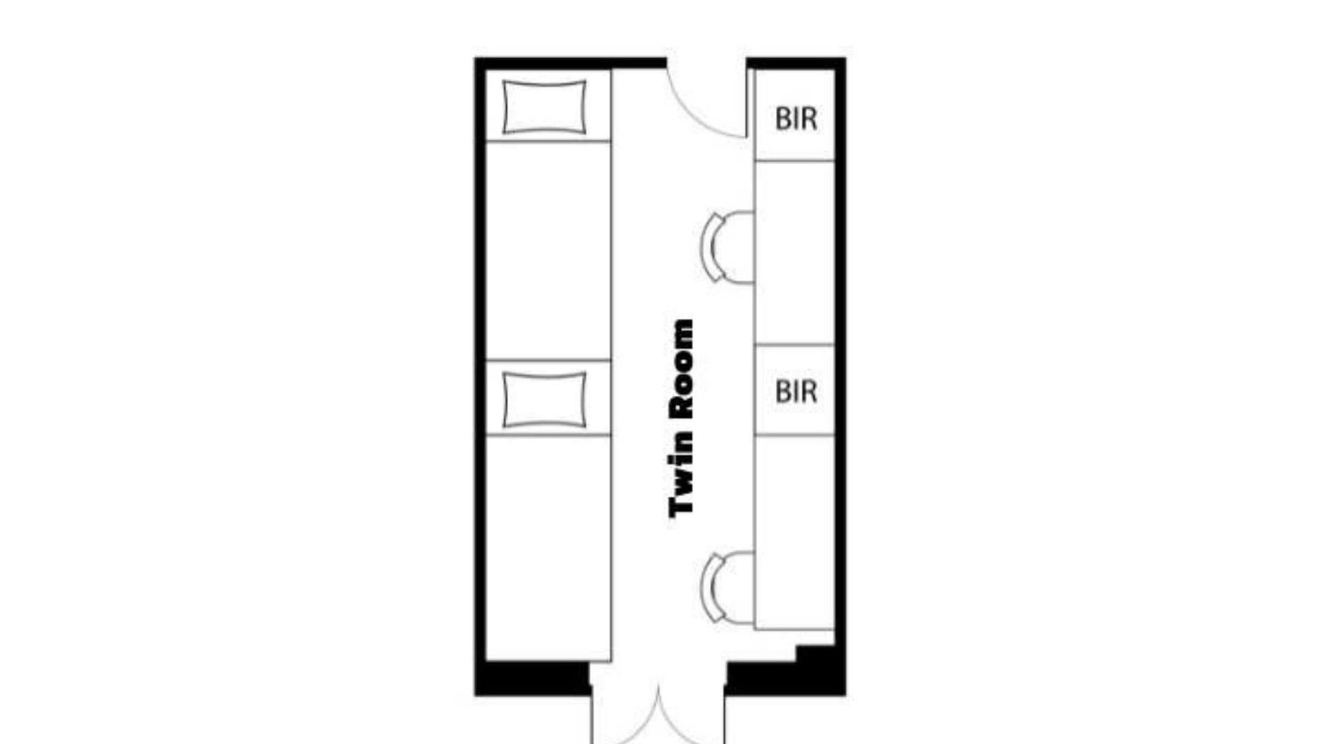 Floor plan of a twin room share with two single beds and built-in robes at UniLodge Herston