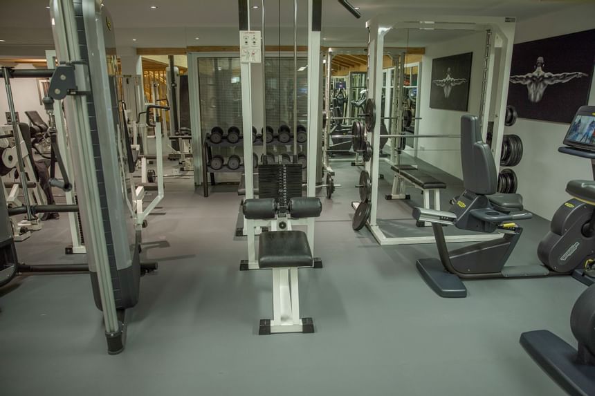 Interior of a fully-equipped gym area at Liebes Rot Flueh