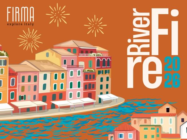 Illustration of colourful houses along canal with fireworks for Riverfire promotion 
