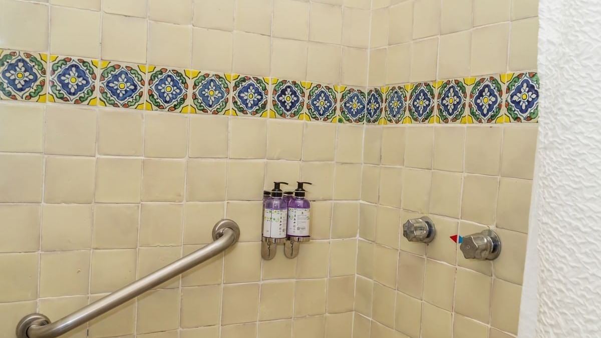 Bathroom shower area with silver grab bar & soap dispenser in a room at Gamma Puebla Senorial Centro