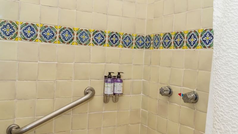 Bathroom shower area with silver grab bar & soap dispenser in a room at Gamma Puebla Senorial Centro