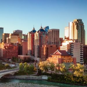 Downtown Calgary skyline with Bow River During Autumn