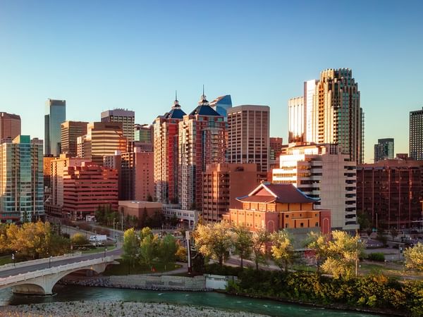Downtown Calgary skyline with Bow River During Autumn