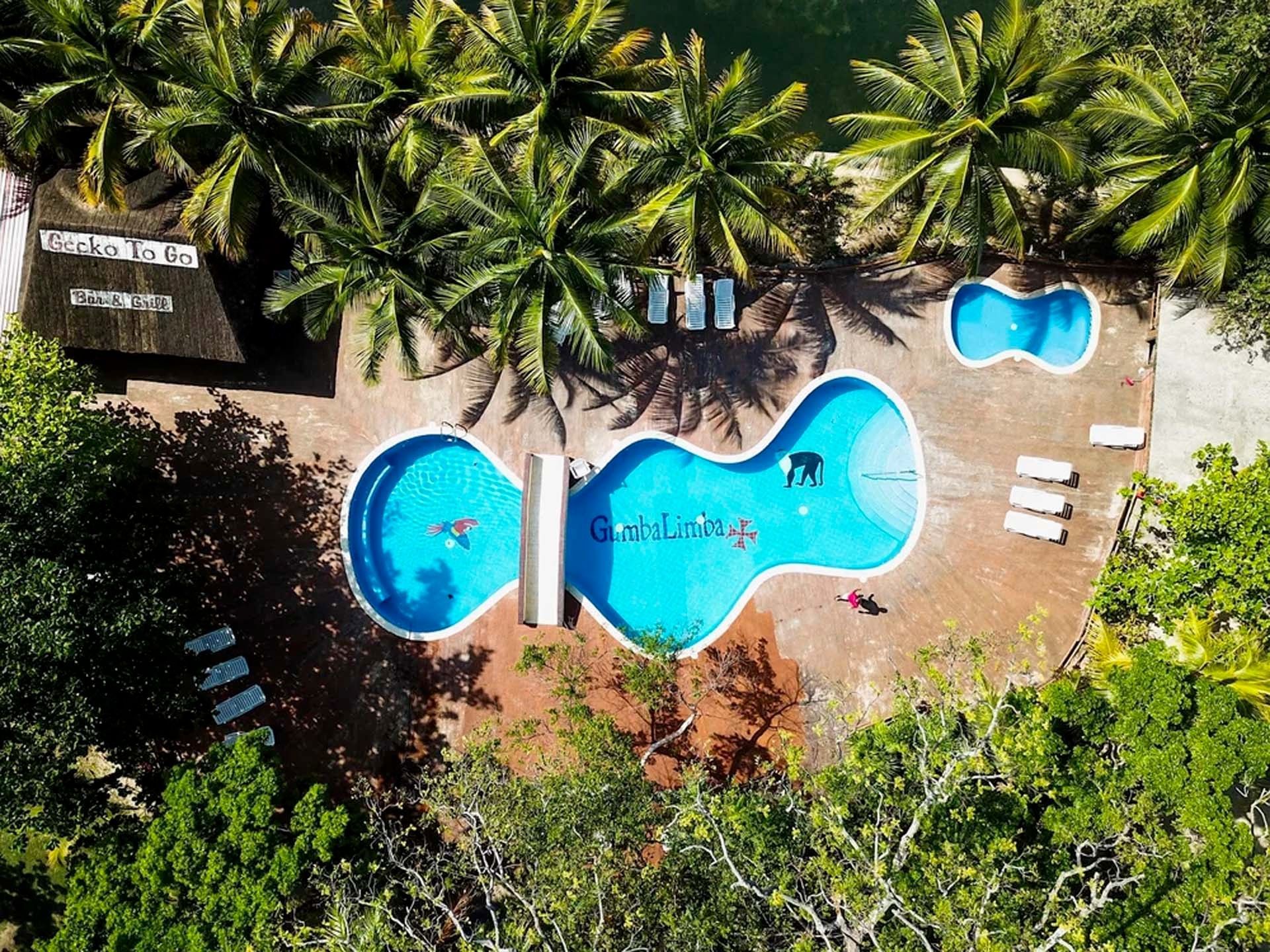 Overhead view of a swimming pool and palm trees at Barefoot Cay Resort & Marina