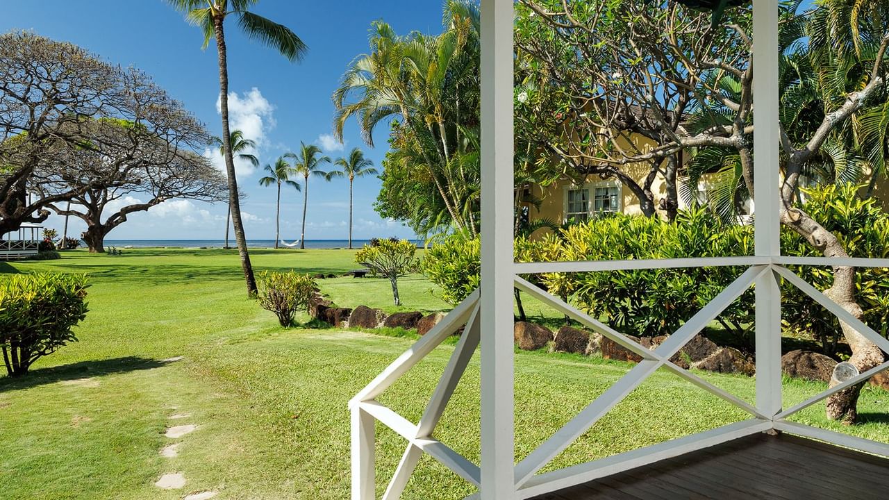 Stairs walking out to greenery and ocean view