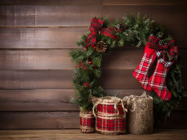 Holiday Wreath and stockings
