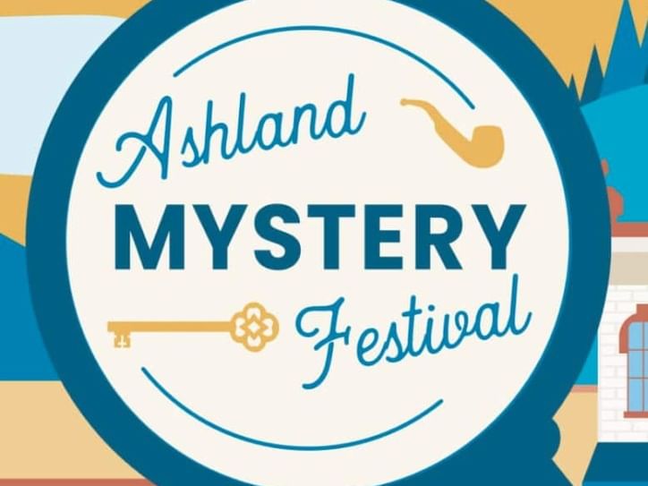 Magnifying glass over the Ashland Mystery Festival logo and a small town background.