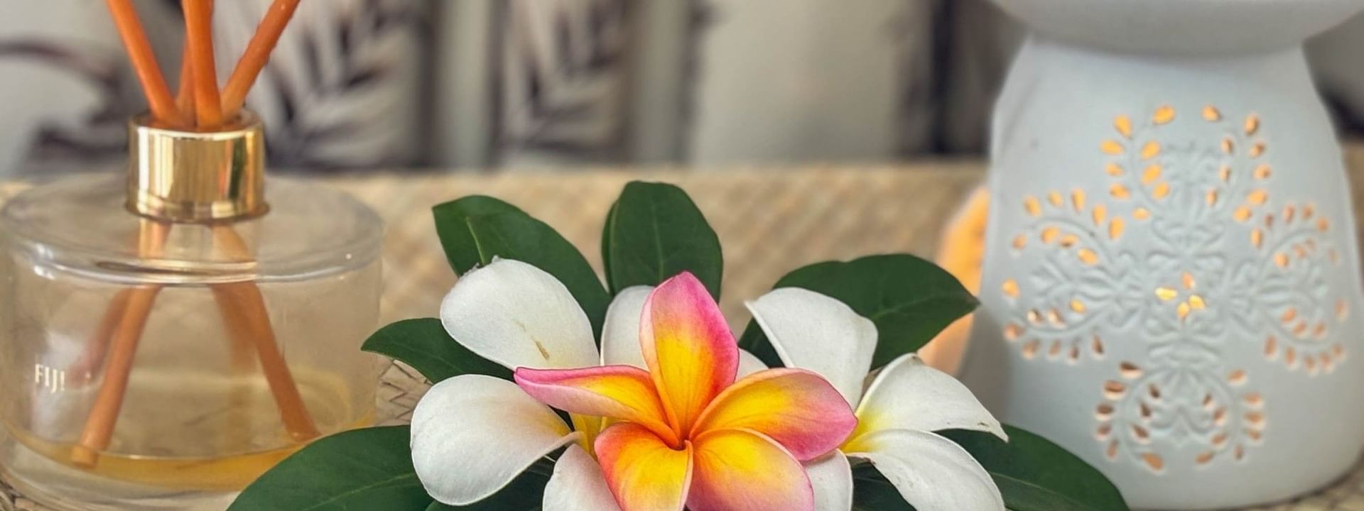 Aromatic diffuser and frangipani flowers at The Joy Spa, The Naviti Resort in Korolevu.