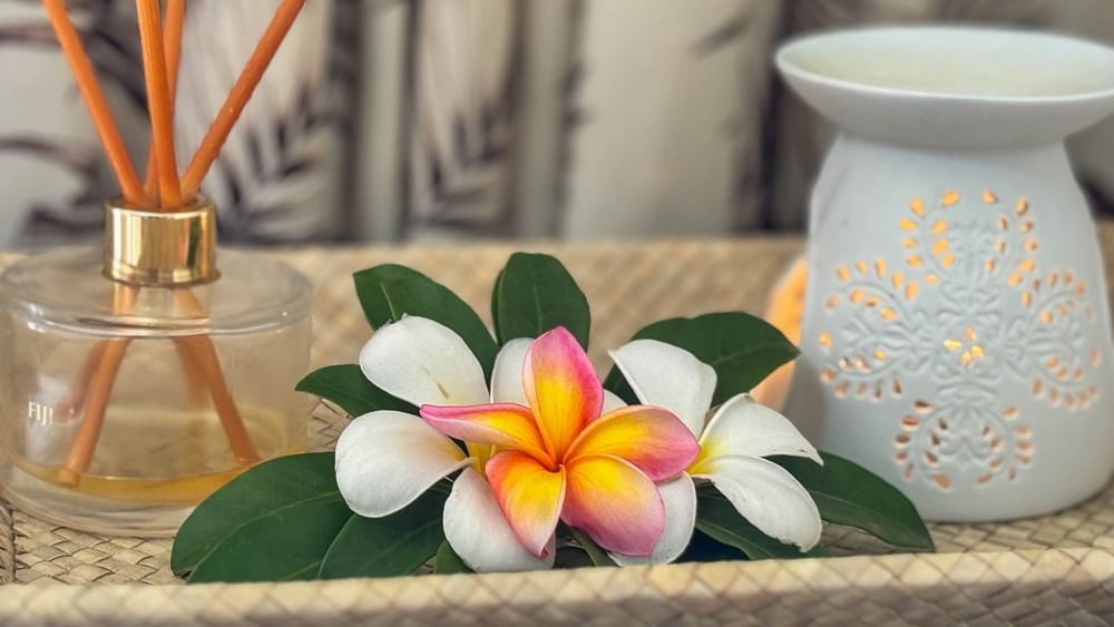 Aromatic diffuser and frangipani flowers at The Joy Spa, The Naviti Resort in Korolevu.