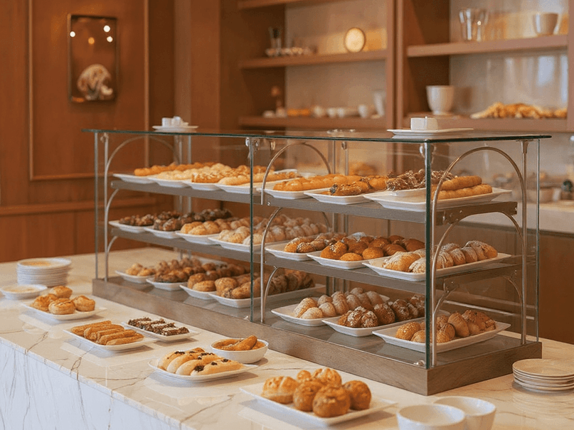 A display case with assorted pastries and desserts arranged on a marble countertop.