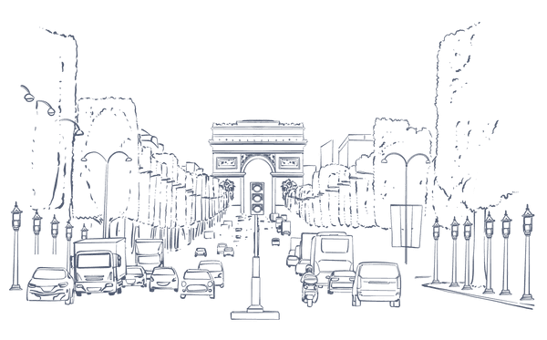 Line drawing of traffic by the Arc de Triomphe under a night sky at Warwick Paris Champs Elysées