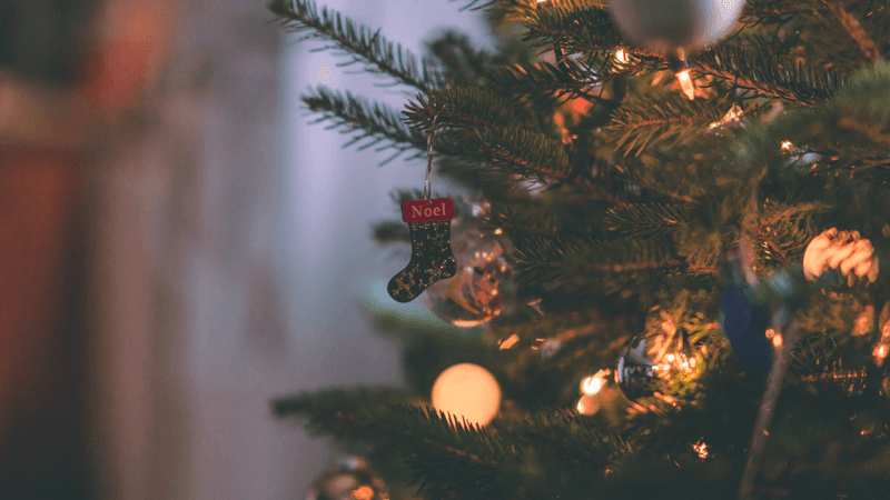A Christmas tree with a lit-up string of lights and a sock ornament hanging from it at The Sebel Brisbane