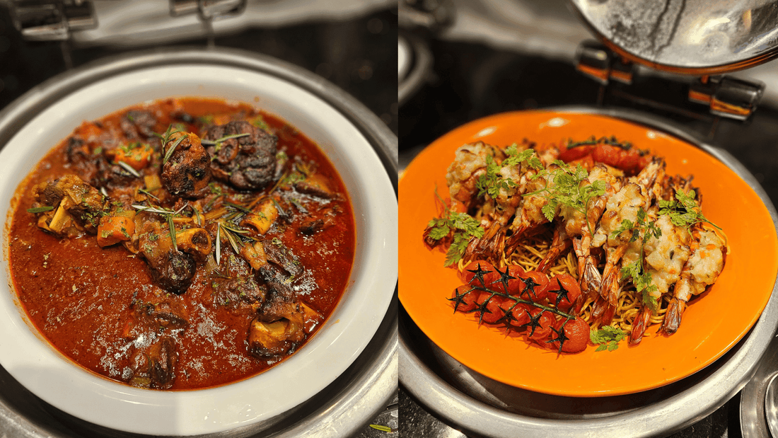 A plate of rich stew with meat and a dish of savory grilled prawns with noodles served at Sunway Putra Hotel