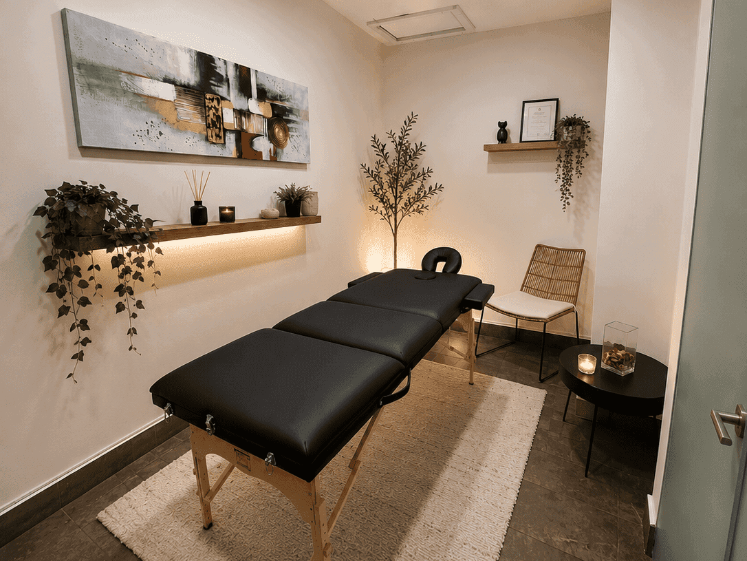 Sala de tratamiento del spa con camilla de masaje profesional y elegante arte en estantes de pared en Veranda Hotel