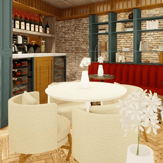 Naous Aegean Bistro lounge with brick wall, wine display, cozy red seating, modern round tables, and flowers at 5Q House