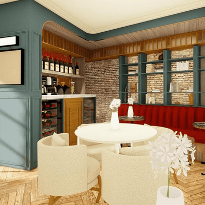 Naous Aegean Bistro lounge with brick wall, wine display, cozy red seating, modern round tables, and flowers at 5Q House