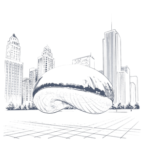 The bean sculpture in front of Chicago skyscrapers at Warwick Allerton Chicago